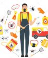 Cartoon Pest Control Service Business Round Design Template Equipment and Working Set Safety Home Flat Design Style for Poster. Vector illustration of Disinsection Control sign